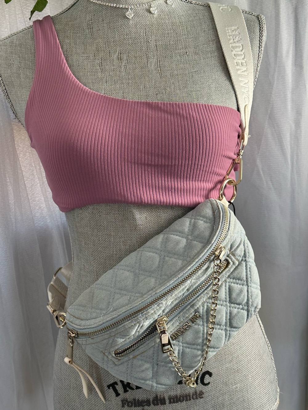 Quilted Pale Blue Crossbody Belt Bag with Gold Chain Trim
